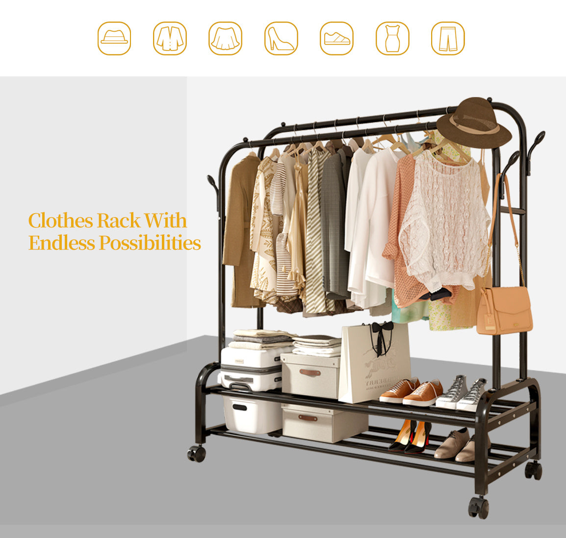 Durable Black Metal Double Bar Clothes Hanger With Wheels