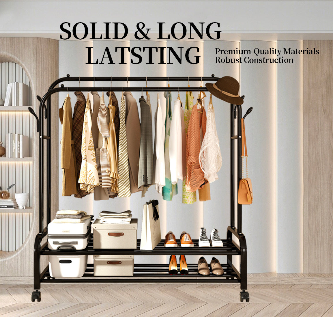 Durable Black Metal Double Bar Clothes Hanger With Wheels