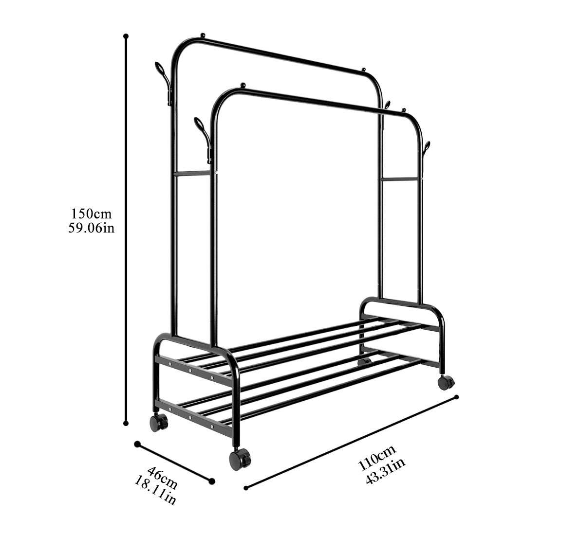 Durable Black Metal Double Bar Clothes Hanger With Wheels