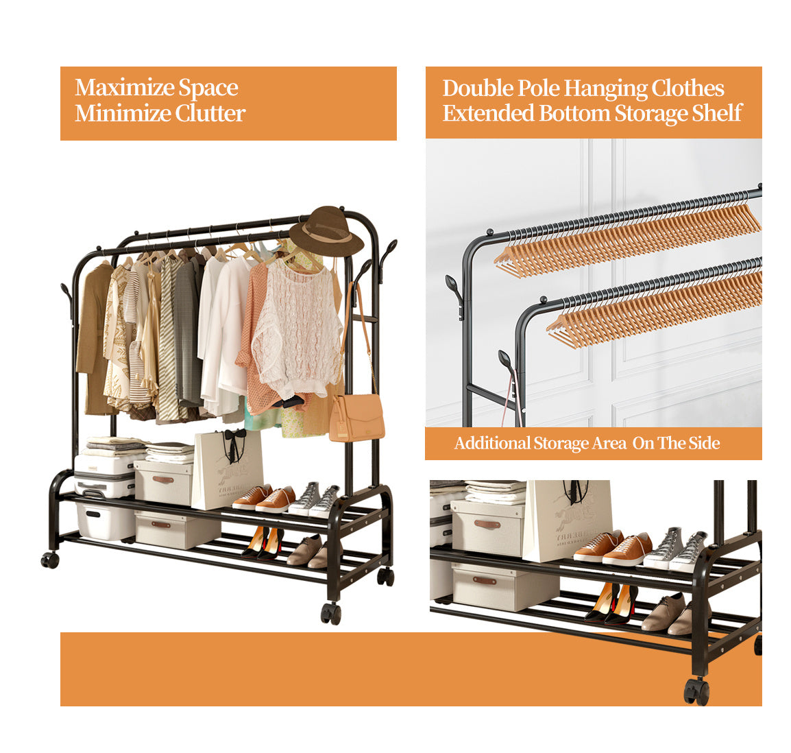 Durable Black Metal Double Bar Clothes Hanger With Wheels