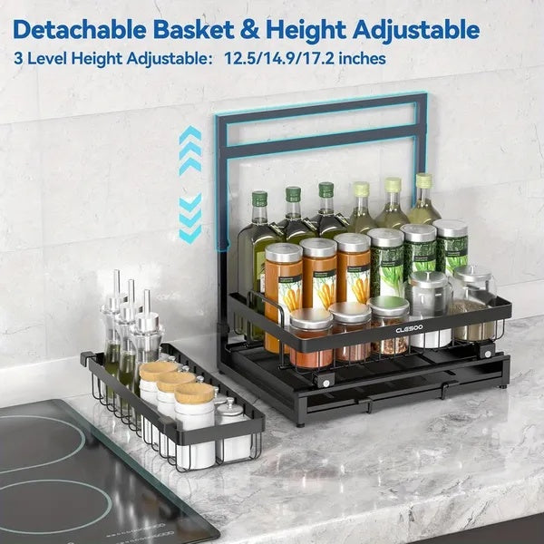 Organizer 2 Tier Slide Out Under Sink Shelf Cabinet Storage Shelf Under Sink Storage For Kitchen Bathroom Metal L-Shape