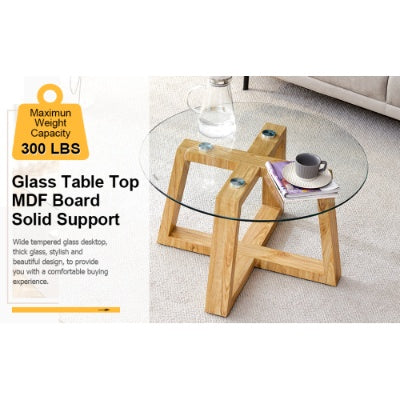 Modern Practical Circular Coffee Tables Made Of Transparent Tempered Glass Tabletop And Wood Colored MDF Material. Suitable For Living Rooms And Bedrooms