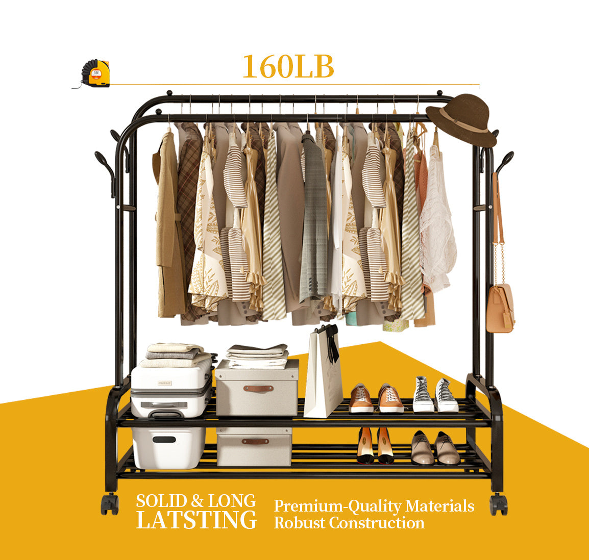 Durable Black Metal Double Bar Clothes Hanger With Wheels
