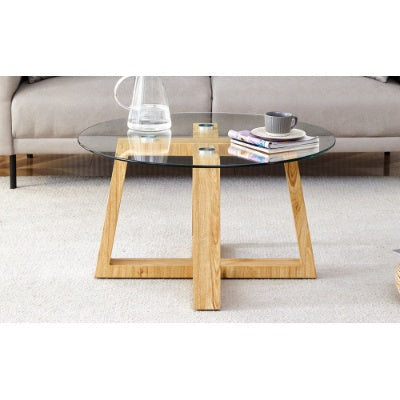 Modern Practical Circular Coffee Tables Made Of Transparent Tempered Glass Tabletop And Wood Colored MDF Material. Suitable For Living Rooms And Bedrooms
