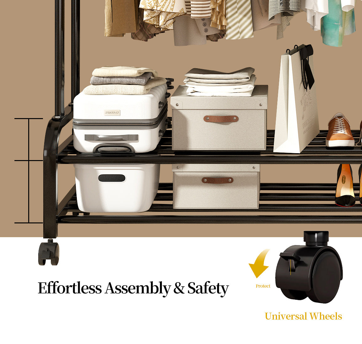 Durable Black Metal Double Bar Clothes Hanger With Wheels