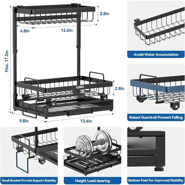 Organizer 2 Tier Slide Out Under Sink Shelf Cabinet Storage Shelf Under Sink Storage For Kitchen Bathroom Metal L-Shape