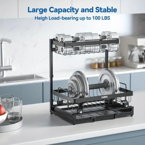Organizer 2 Tier Slide Out Under Sink Shelf Cabinet Storage Shelf Under Sink Storage For Kitchen Bathroom Metal L-Shape