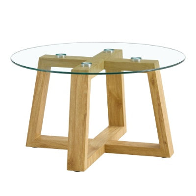 Modern Practical Circular Coffee Tables Made Of Transparent Tempered Glass Tabletop And Wood Colored MDF Material. Suitable For Living Rooms And Bedrooms