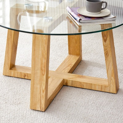 Modern Practical Circular Coffee Tables Made Of Transparent Tempered Glass Tabletop And Wood Colored MDF Material. Suitable For Living Rooms And Bedrooms