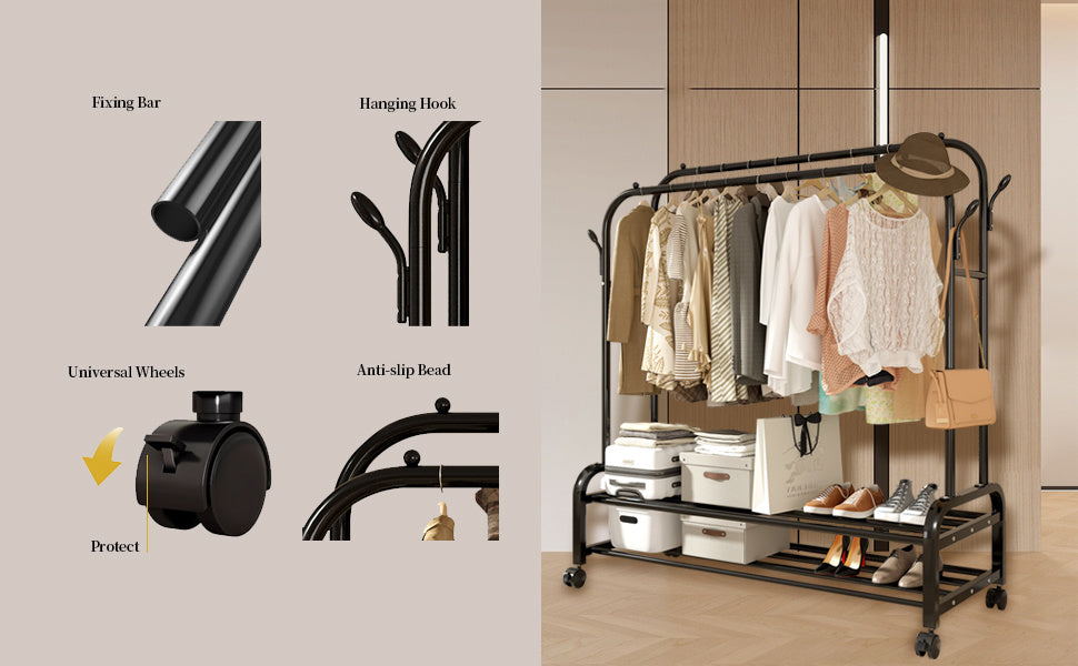 Durable Black Metal Double Bar Clothes Hanger With Wheels